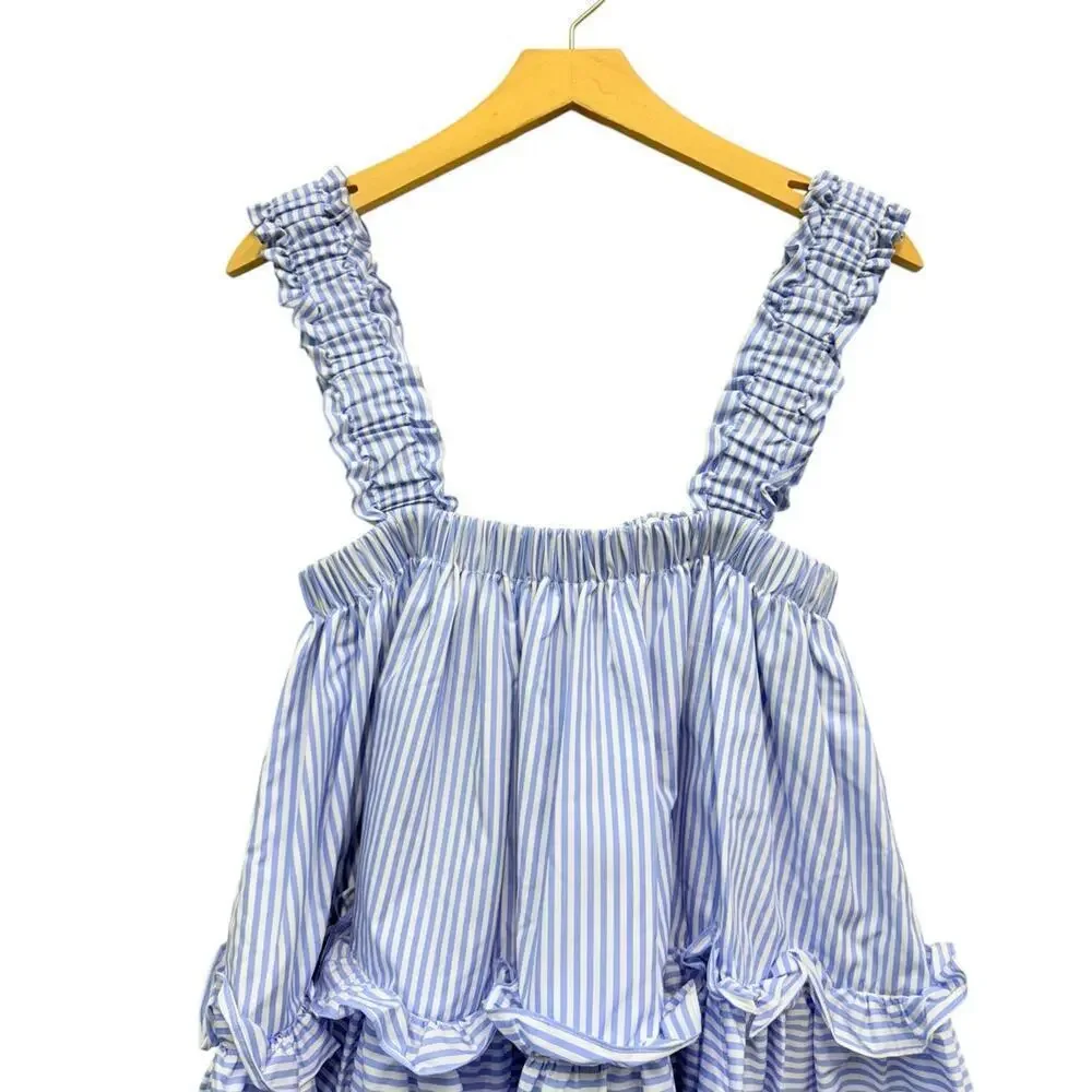 BROGGER Cotton Poplin Blue Striped Babydoll Top size Small NWT